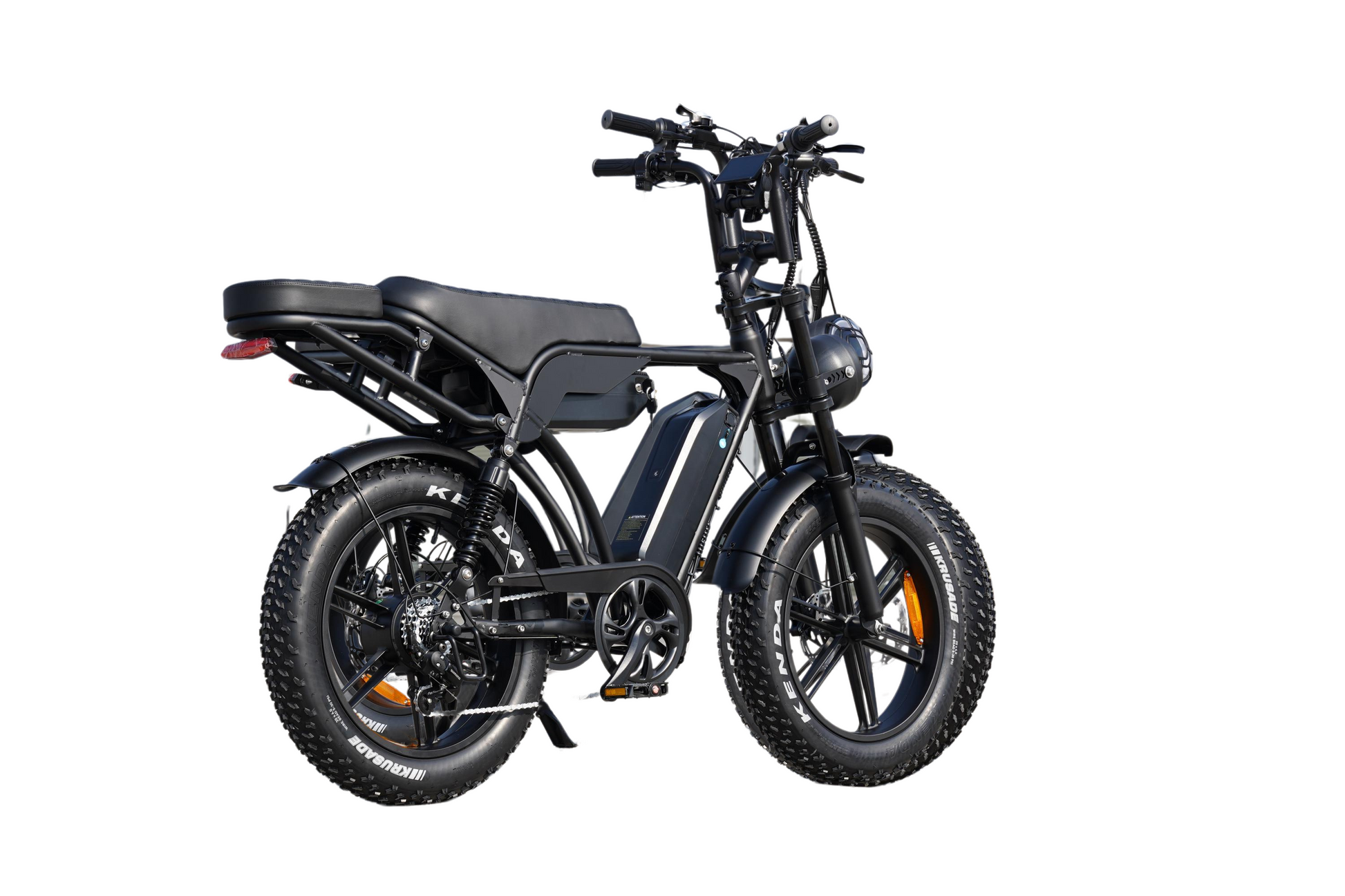 Detail view of rear seat on electric bike with dual battery system, ideal for carrying children or extra cargo on daily rides.