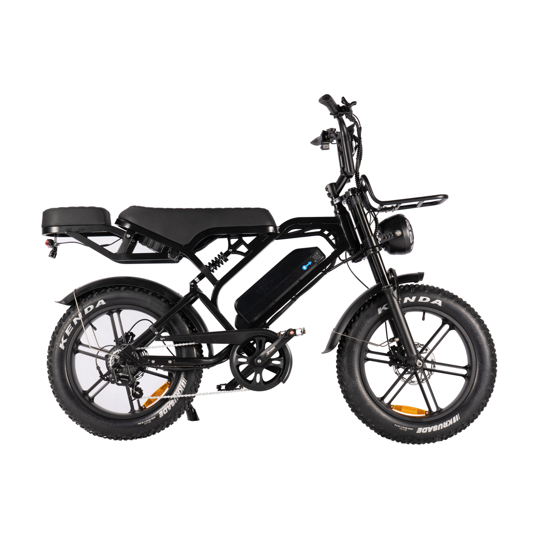 Black fat tire electric bike with NFC display, wide tires and a comfortable dual seat. Designed for smooth urban riding and daily commuting.