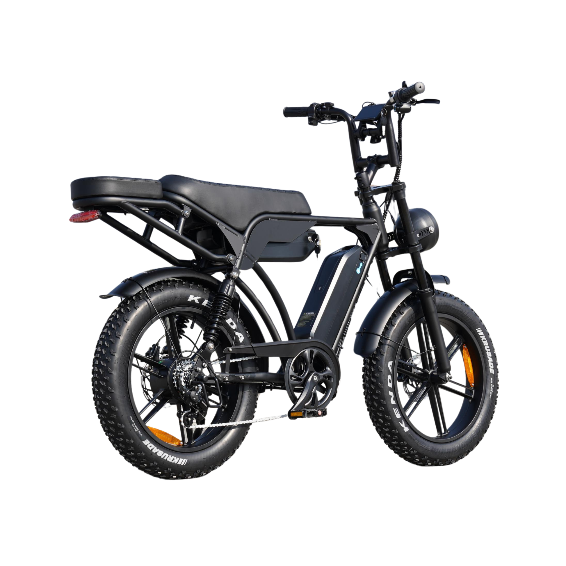 Rear view of electric bike with dual battery system and rear seat, perfect e-bike for parents riding with children or extra cargo..