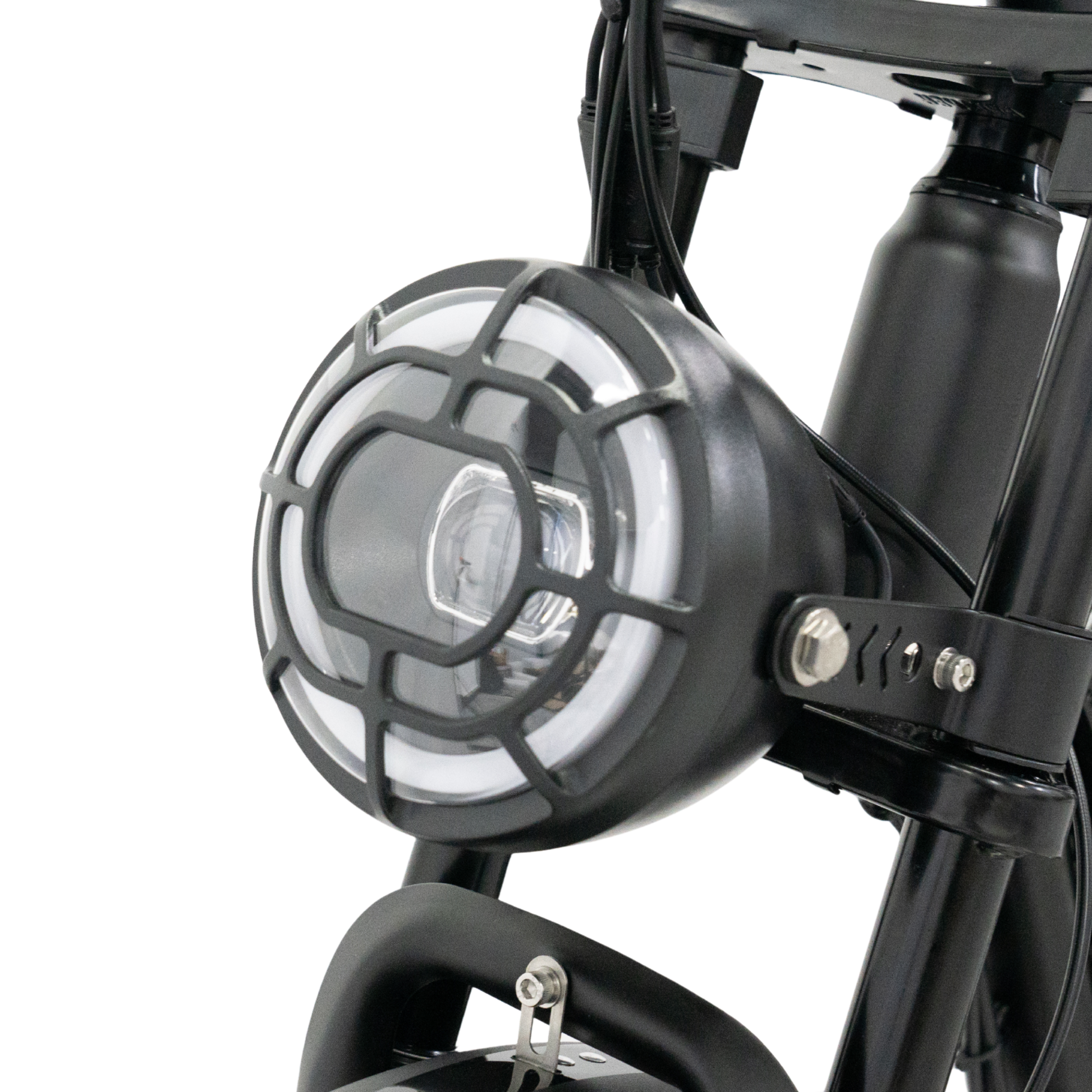 Close-up of the E-Bike’s integrated LED light, enhancing safety and visibility for night rides with its bright, energy-efficient design.