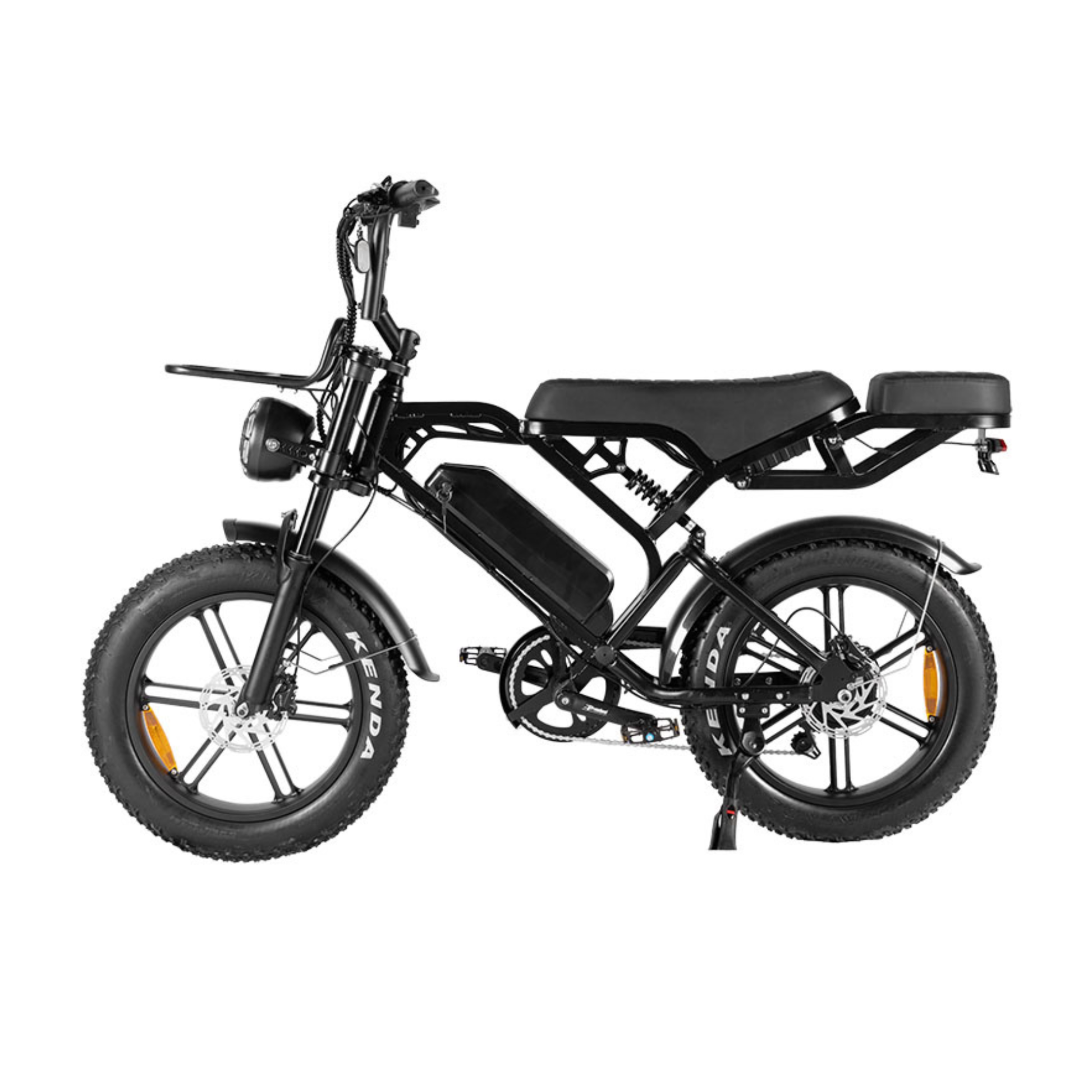 Fat tire electric bike in black featuring a removable battery and NFC display.