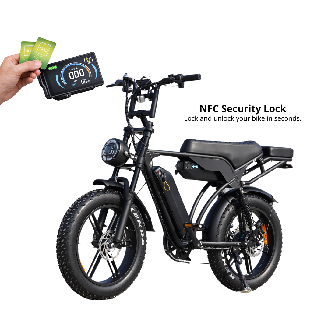 Fat tyre e-bike with NFC display lock, dual battery system and advanced theft protection Vortex 29 Max black.