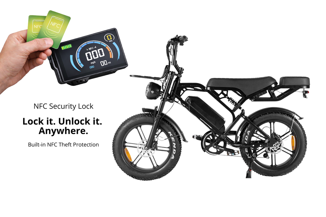E-Bike with NFC security lock and built-in theft protection, locking and unlocking bike anywhere using NFC card