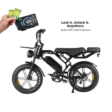 Black fat tire electric bike with NFC display, wide tires and a comfortable dual seat. Designed for smooth urban riding and daily commuting.