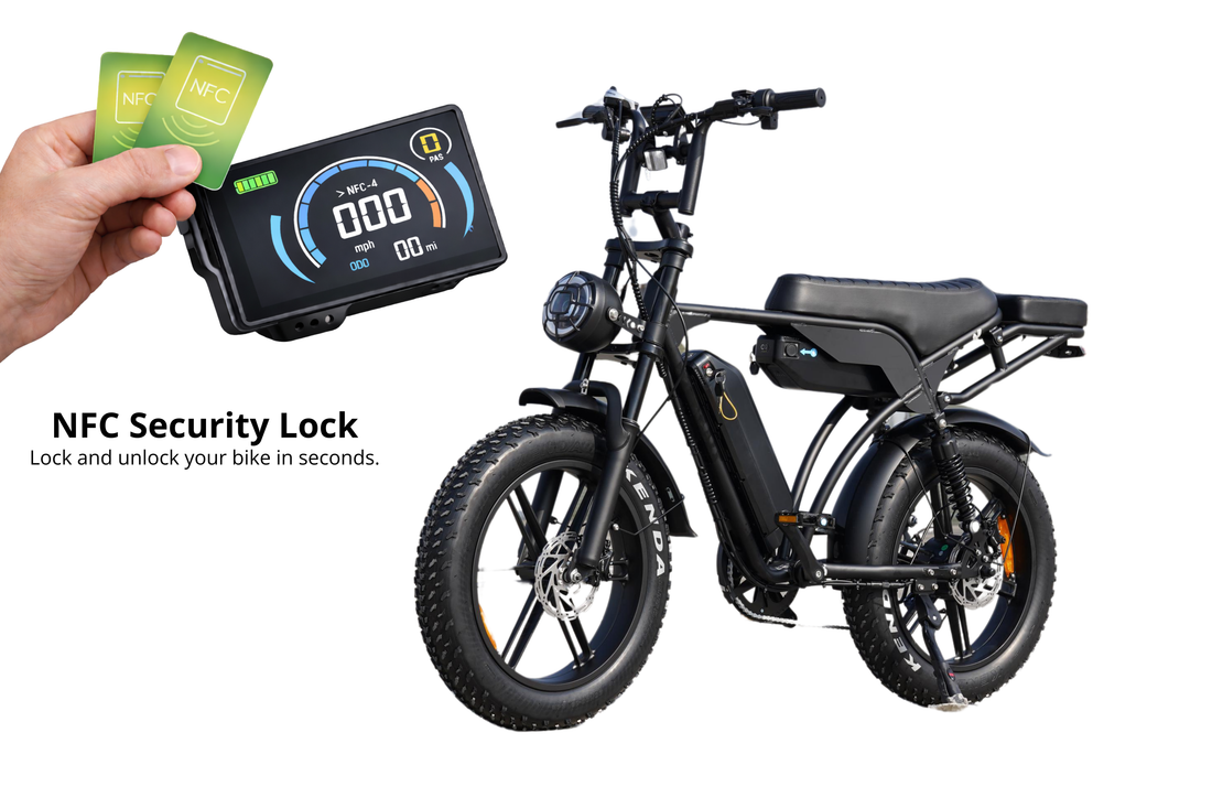 Black Vortex 29 Max electric bike with dual battery system and NFC display, showing tap-to-lock security feature using NFC card