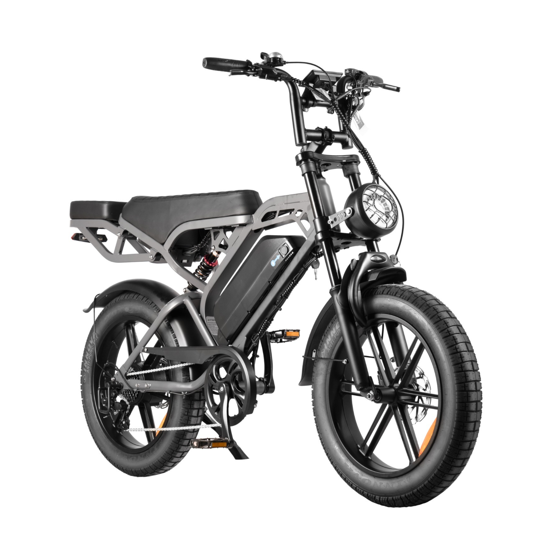 Fat tyre eBike in dark grey from right angle with NFC display lock and strong off-road performance.