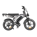 Dark grey fat tyre electric bike side view featuring NFC display lock and wide off-road tires.