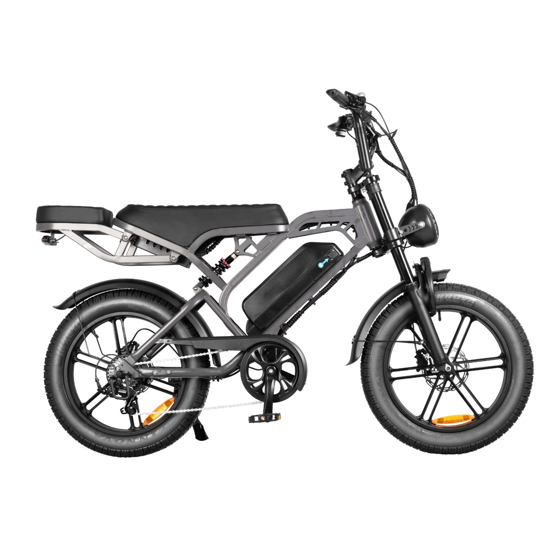 Dark grey fat tyre electric bike side view featuring NFC display lock and wide off-road tires.
