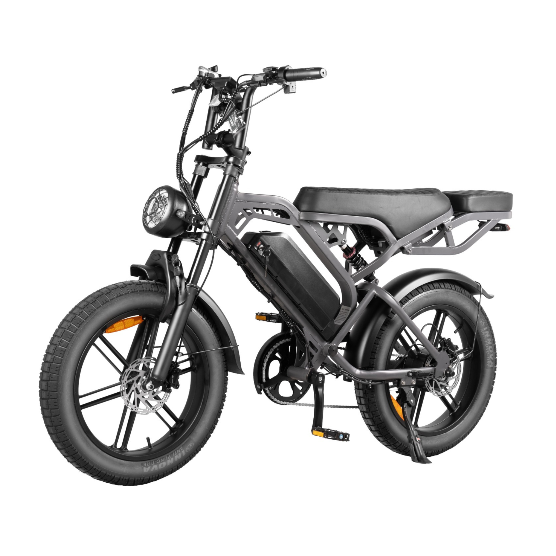Dark grey electric bike with fat tires from left angle highlighting NFC lock system and stable frame.