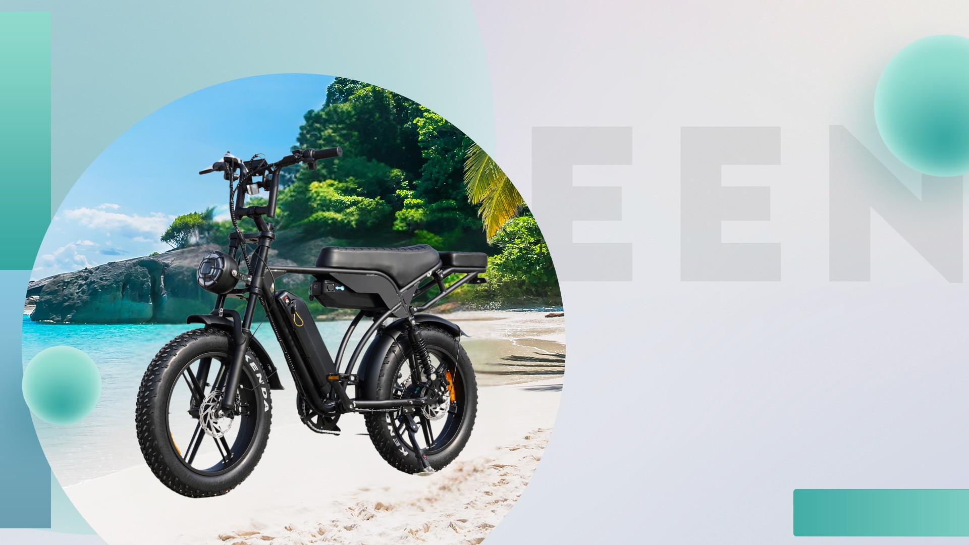 Fat Tyre E-Bike parked on a sunny sandy beach, ready for offroad adventures along the coastline, featuring thick tires for stability on sand and a sleek electric motor for effortless rides.1621243260e1af0c20-2