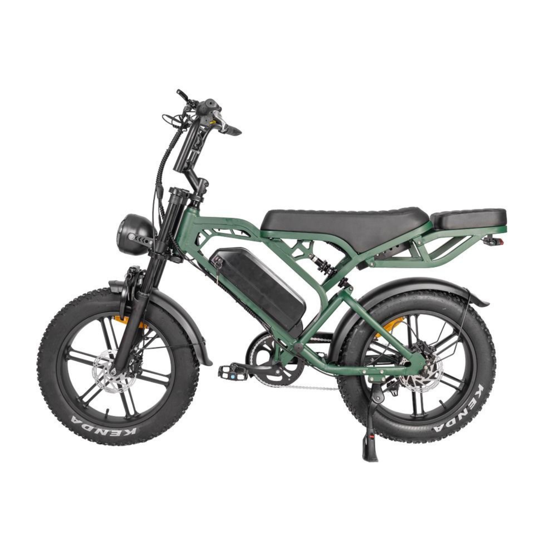 Premium green fat tyre e-bike Vortex 20 featuring long-range battery, hydraulic brakes and rugged frame for everyday riding.
