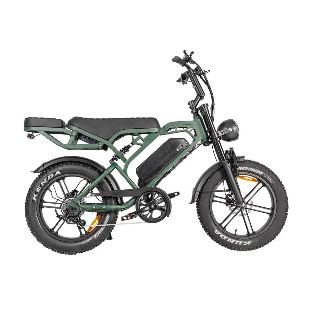 Premium green fat tyre e-bike Vortex 20 Pro featuring long-range battery, hydraulic brakes and rugged frame for everyday riding.