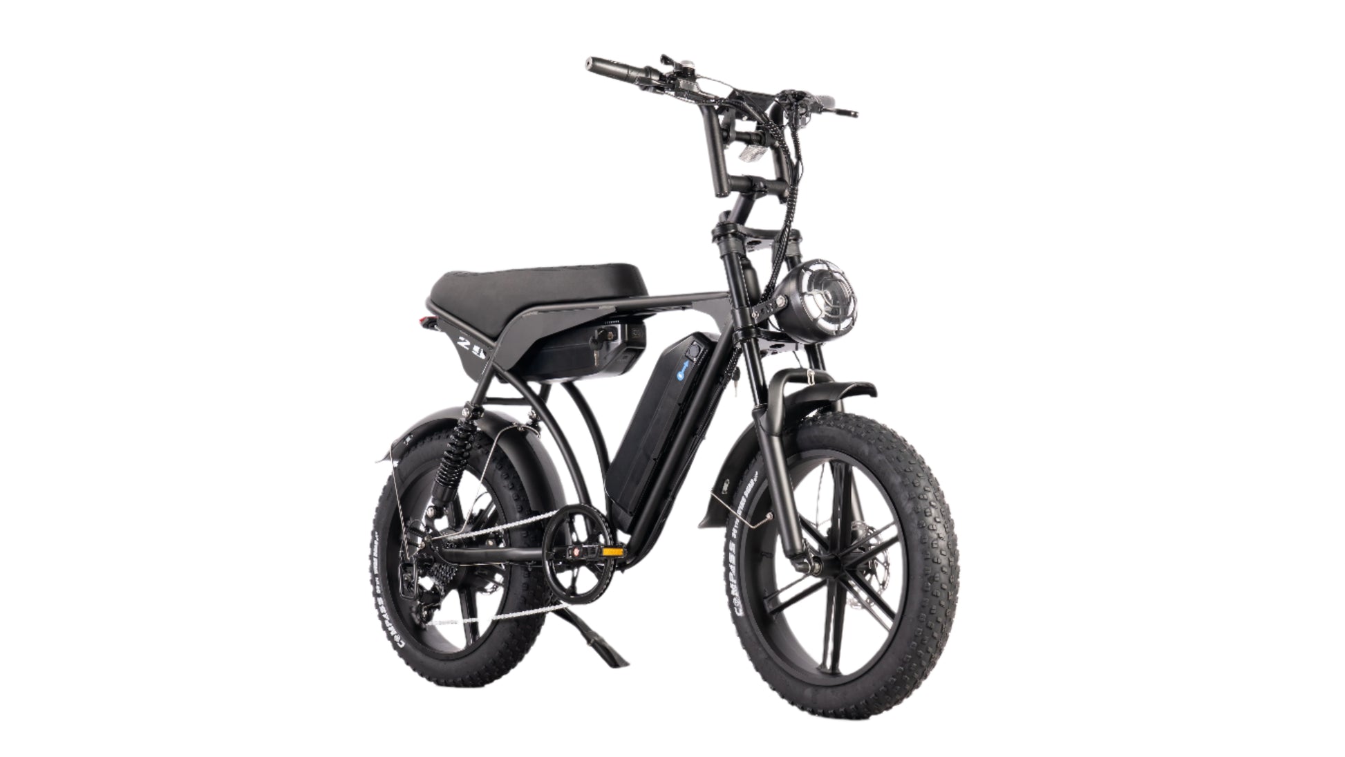 Front view of the E-Bike with powerful 250W/500W motor and dual battery system, offering smooth acceleration and a long 90-120 km range.
