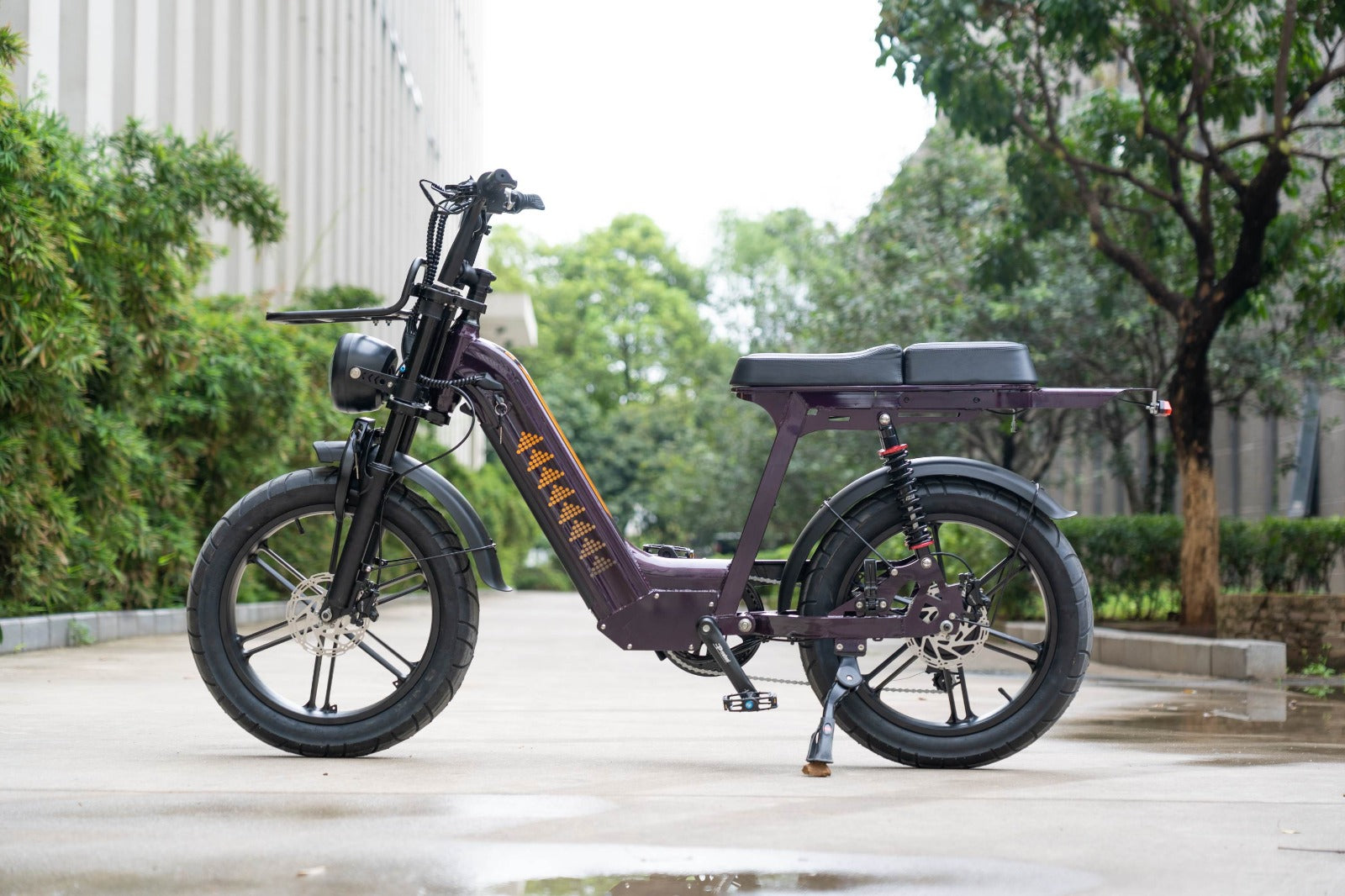 D50 Step-Thru off-road fat-tire e-bike shown with its sturdy frame shape and wide-stance design.