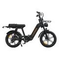 D50 Step-Through fat-tire e-bike showing front suspension, LED headlight and removable battery.