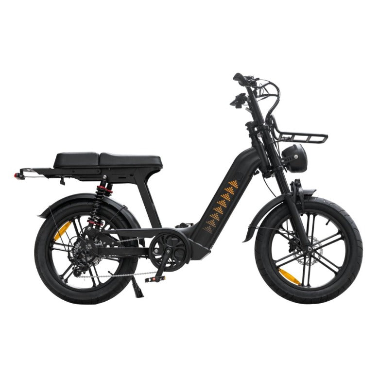 D50 Step-Through fat-tire e-bike showing front suspension, LED headlight and removable battery.