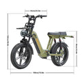 D50 Step-Thru electric bike with full geometry chart showing frame height, length and tire dimensions.