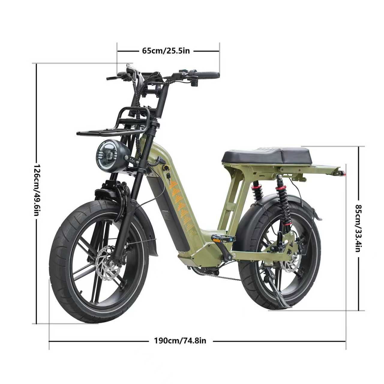 D50 Step-Thru electric bike with full geometry chart showing frame height, length and tire dimensions.