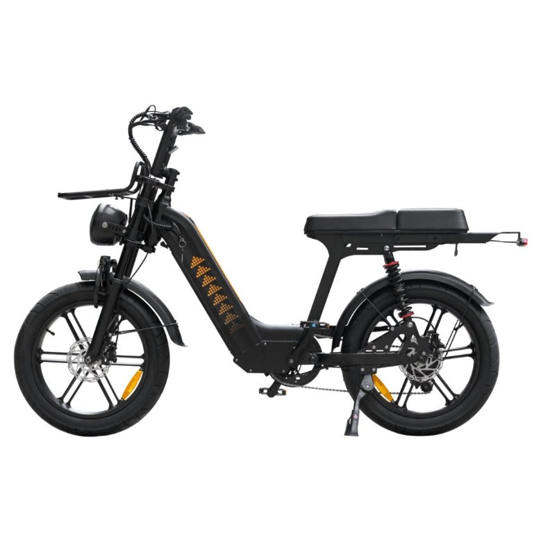 Rear view of the D50 Step-Thru e-bike with cargo rack, fat tires and dual suspension.