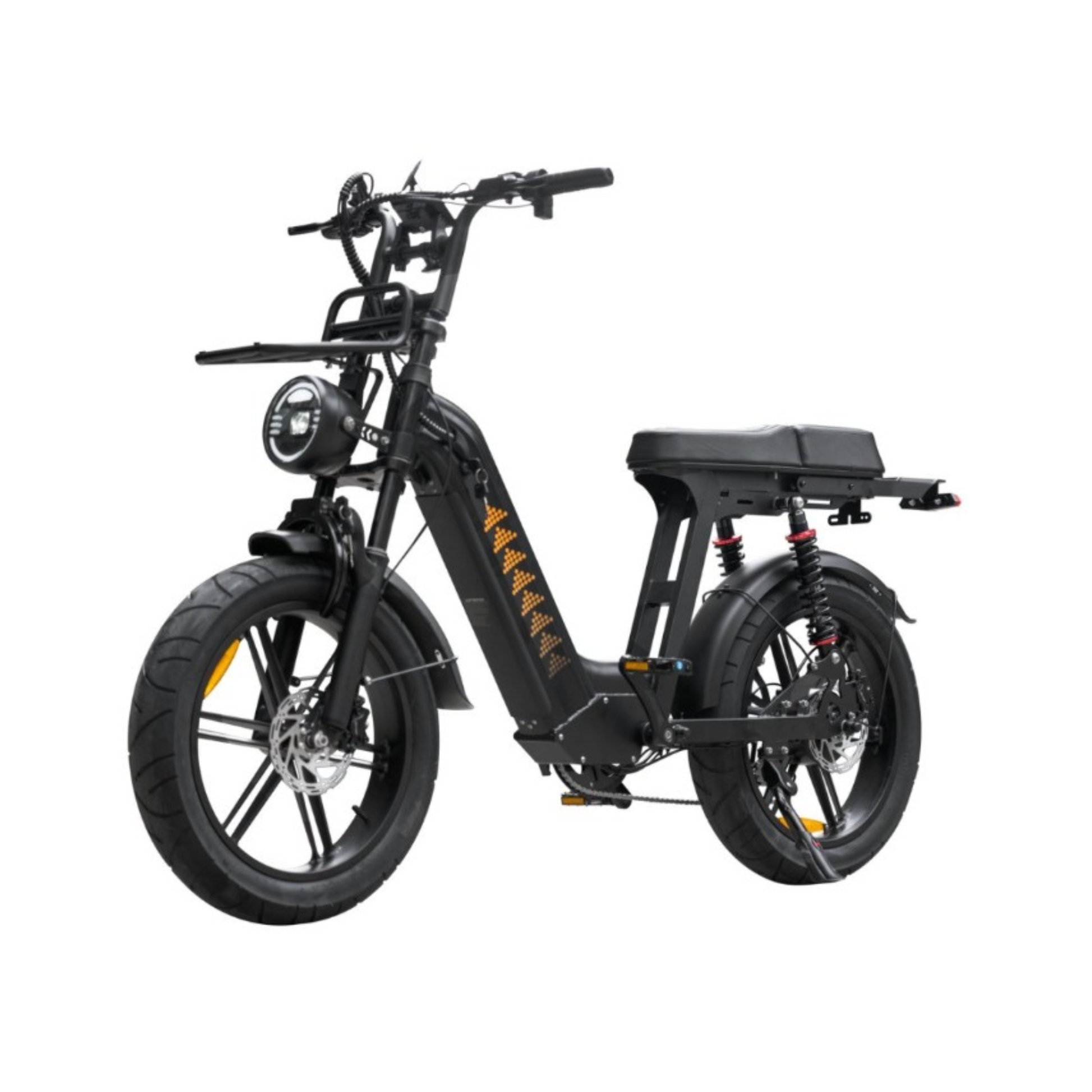 Rear view of the D50 Step-Thru e-bike with cargo rack, fat tires and dual suspension.