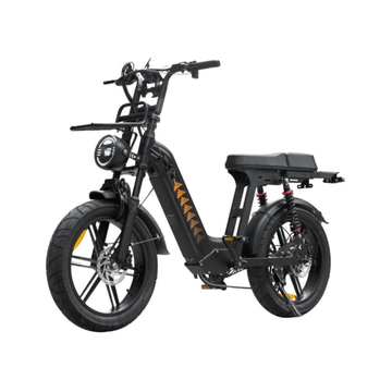 Rear view of the D50 Step-Thru e-bike with cargo rack, fat tires and dual suspension.