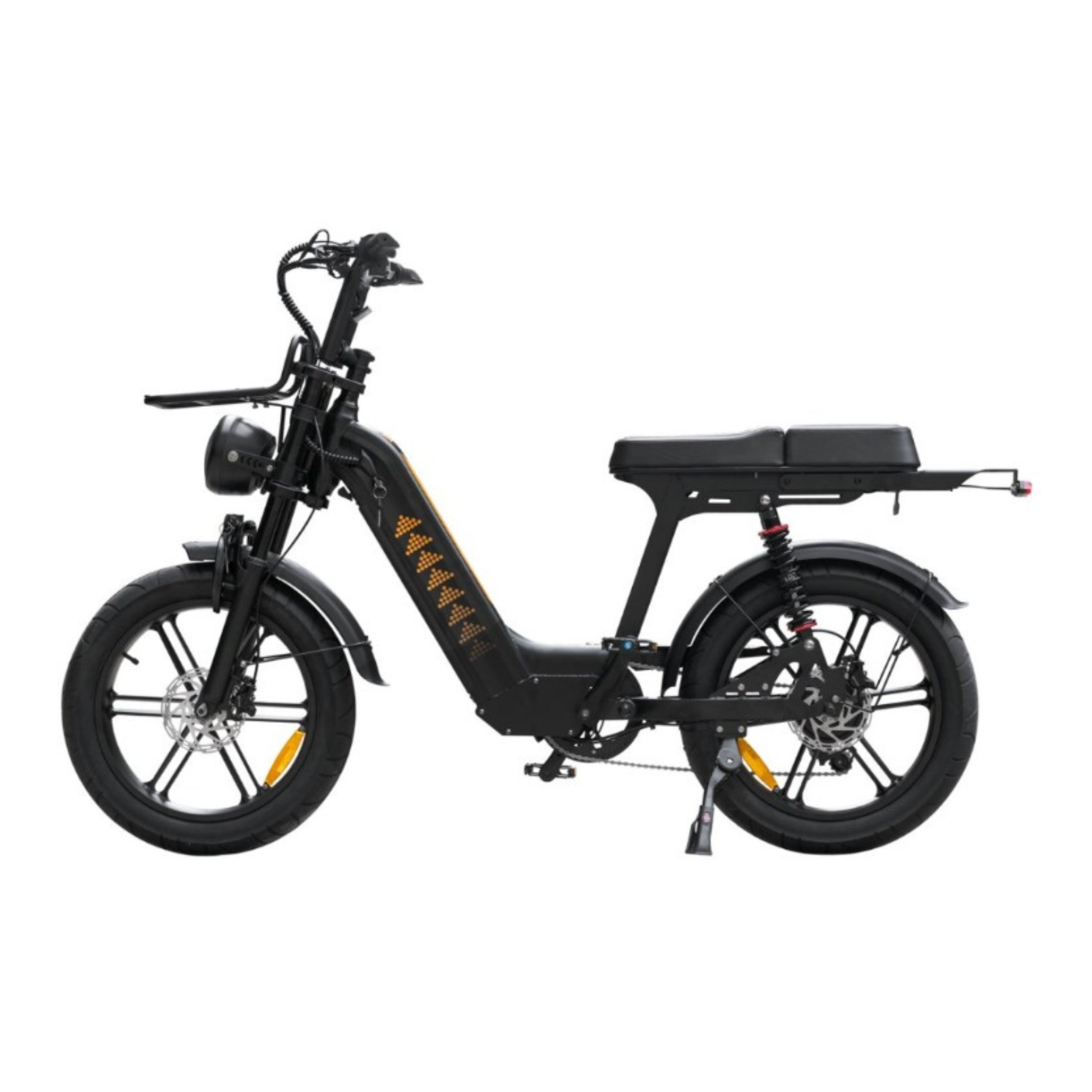 Dynex 50 Step-Through electric bike in black with 20x4 fat tires and step-through frame, side view.