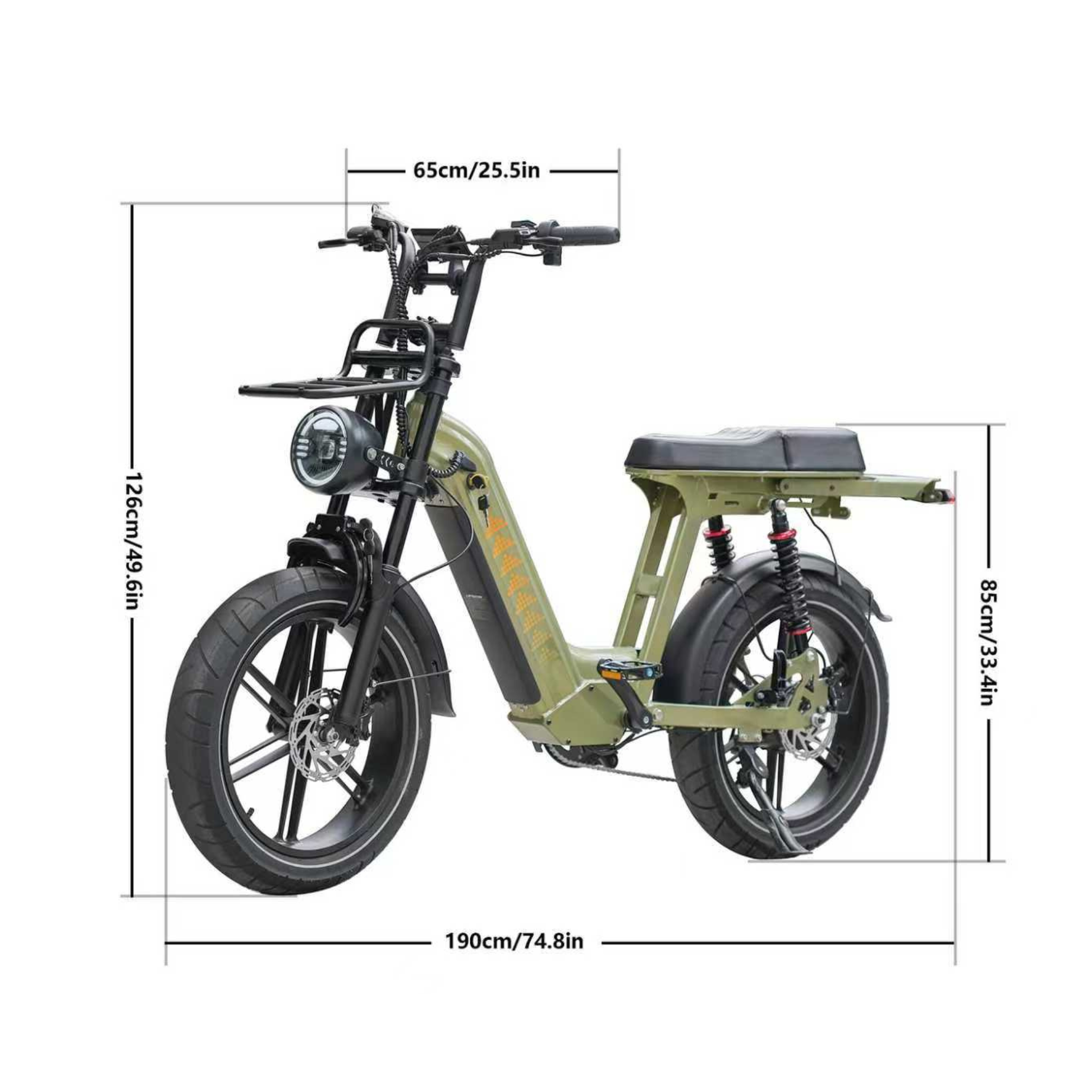D50 Step-Thru electric bike with full geometry chart showing frame height, length and tire dimensions.