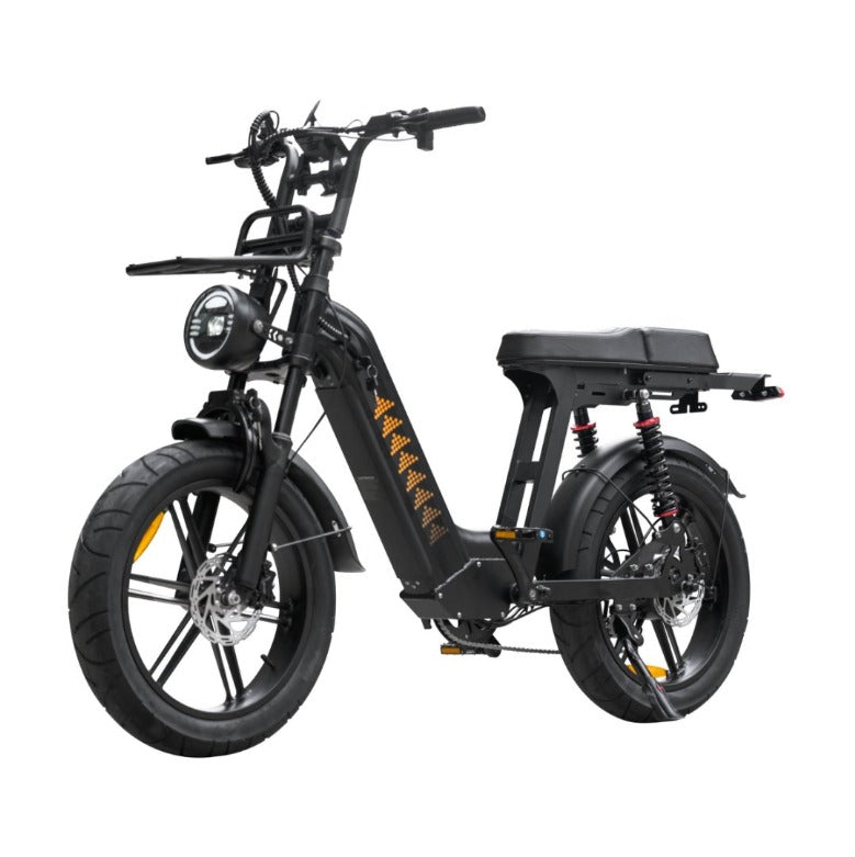 Drift 50 Step-Through electric bike in black with 20x4 fat tires and step-through frame, side view.