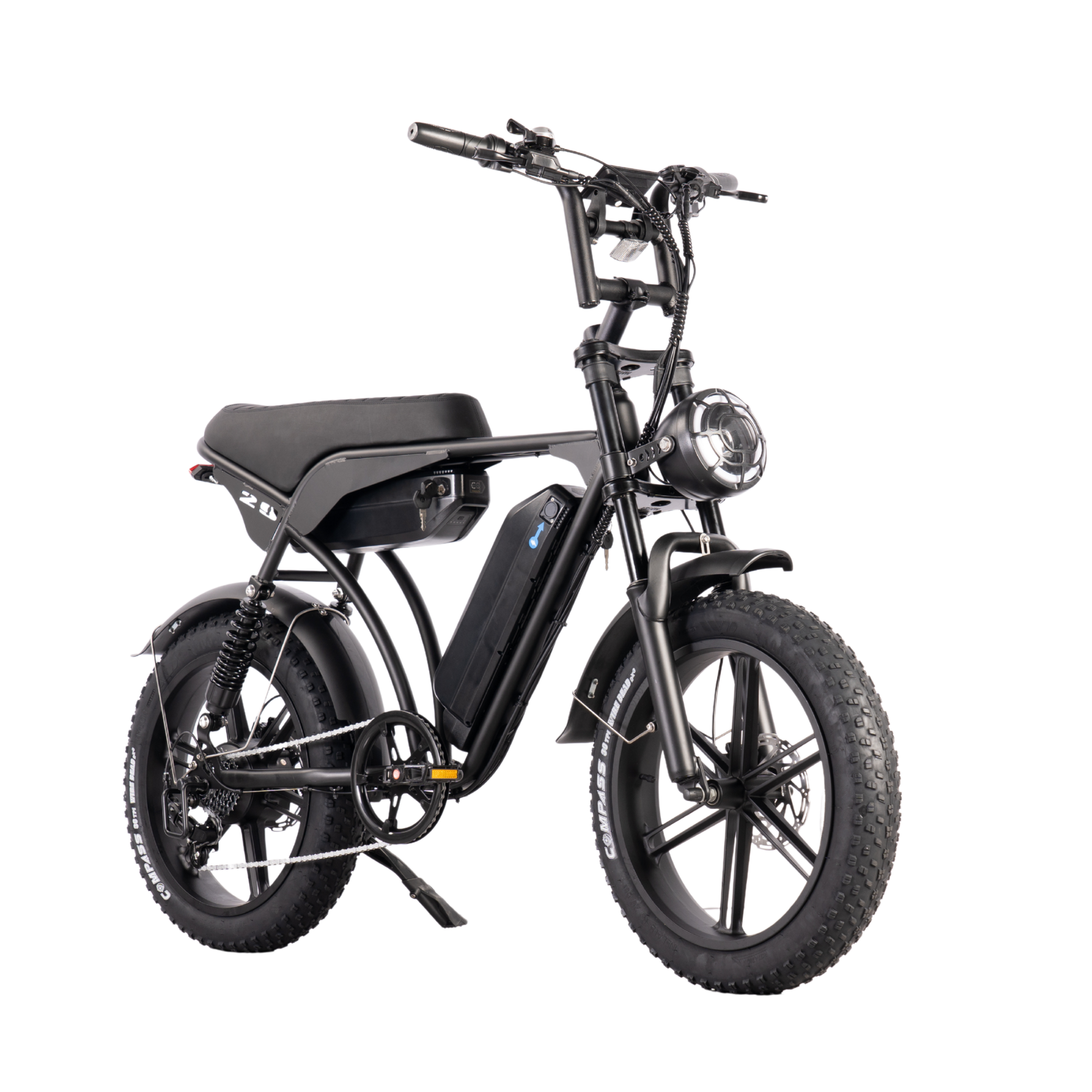 Front view of the E-Bike with powerful 250W/500W motor and dual battery system, offering smooth acceleration and a long 90-120 km range.