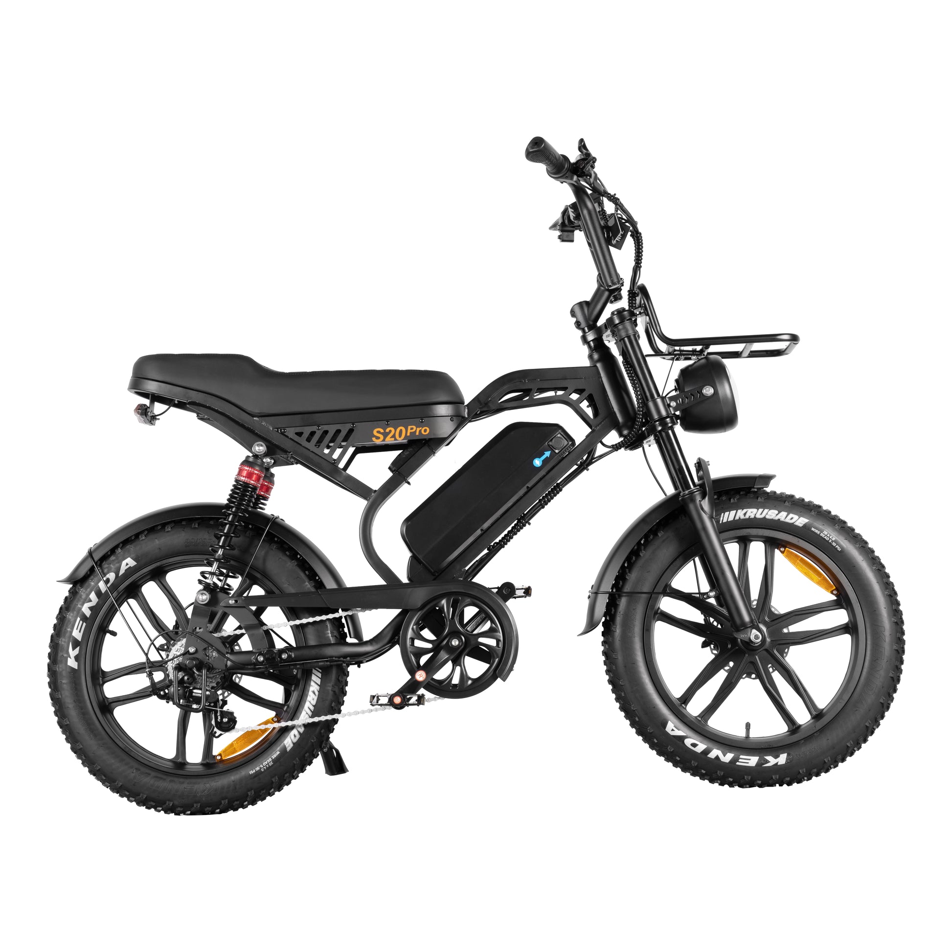 Energy-efficient motor system on a fat tyre e-bike for long-range battery performance.