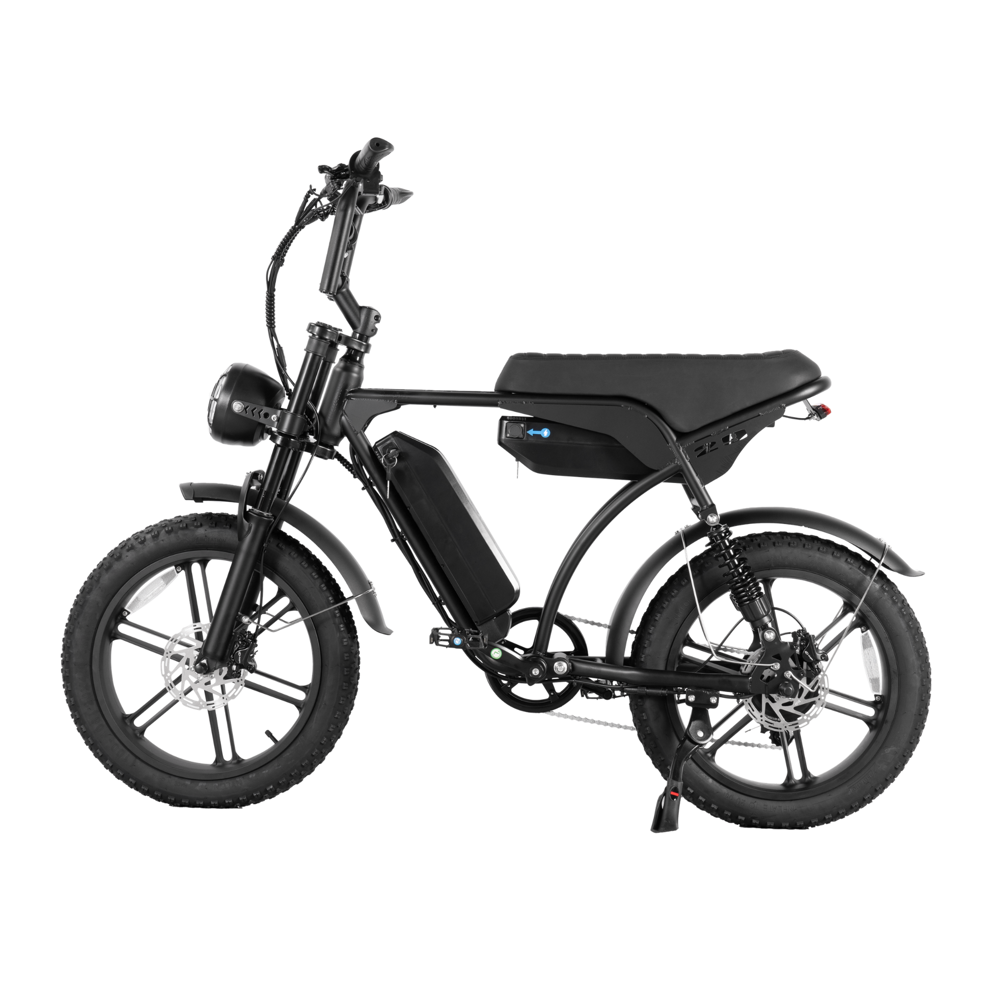 Side view of the E-Bike, showcasing its sleek design, 250W/500W motor and dual battery system for up to 120 km range.