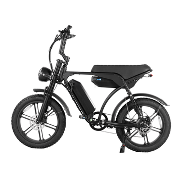 Side view of the E-Bike, showcasing its sleek design, 250W/500W motor and dual battery system for up to 120 km range.