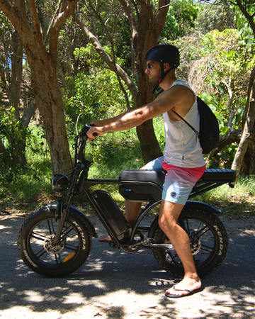 Fat tyre electric bike riding on forest trails in Australia
