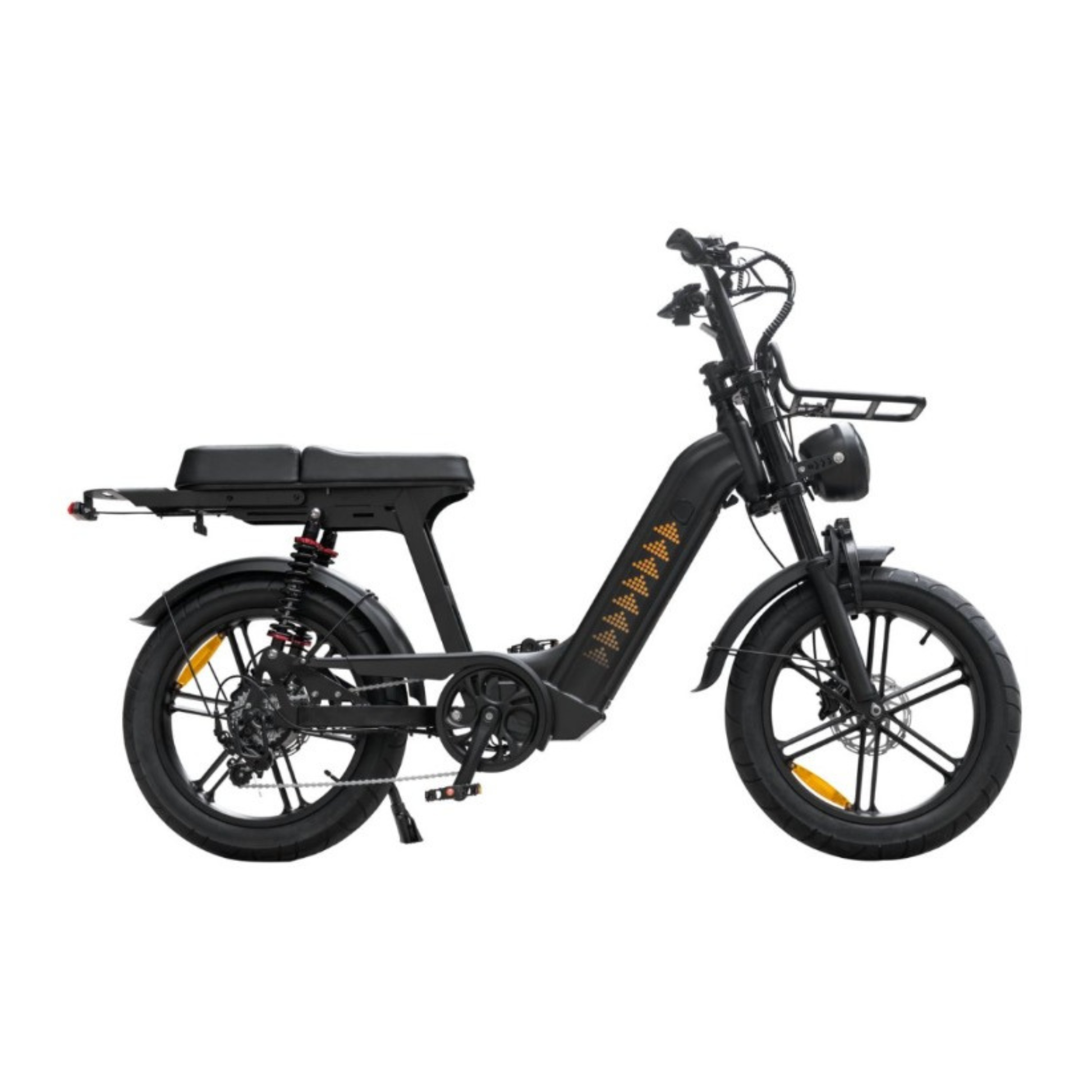 D50 Step-Through fat-tire e-bike showing front suspension, LED headlight and removable battery.