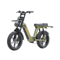 D50 Step-Through fat-tire e-bike showing front suspension, LED headlight and removable battery.