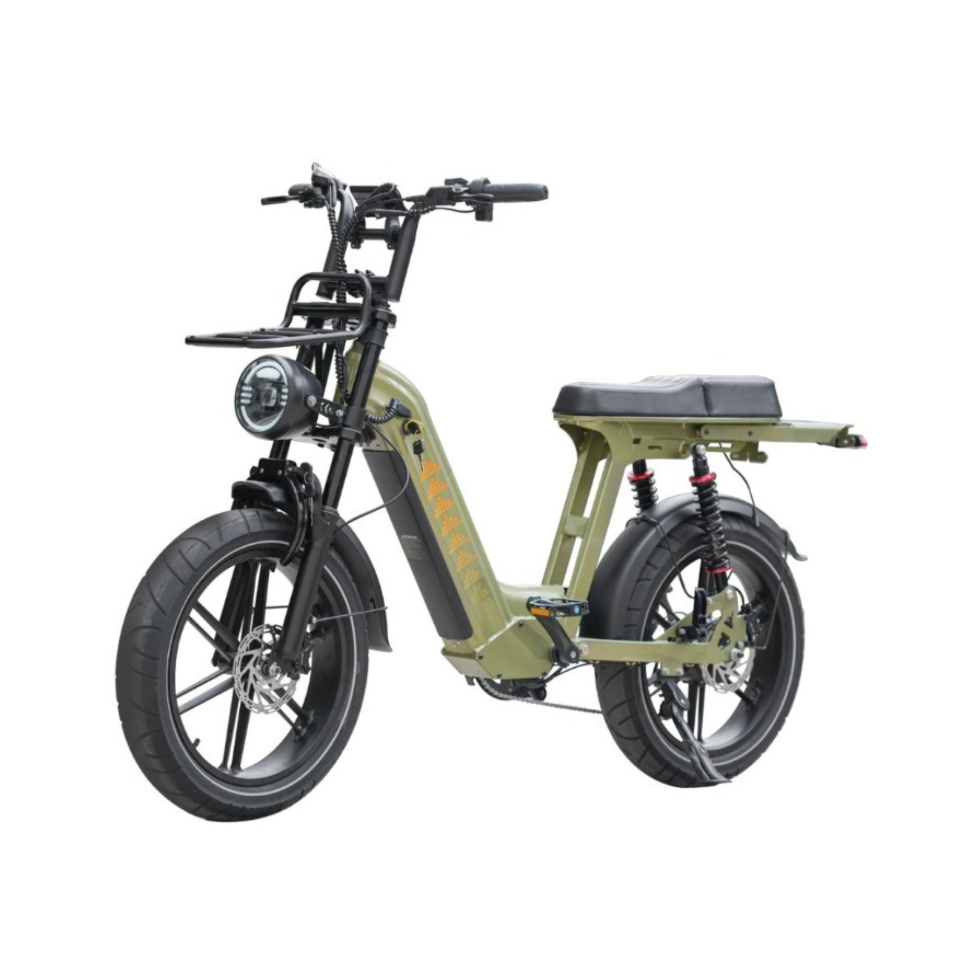 D50 Step-Through fat-tire e-bike showing front suspension, LED headlight and removable battery.