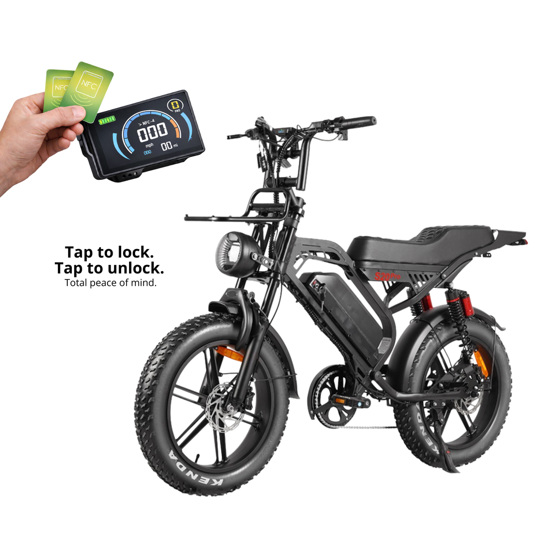 Stormex 20 Pro electric bike black side view with fat tires removable battery and NFC theft protection lock.