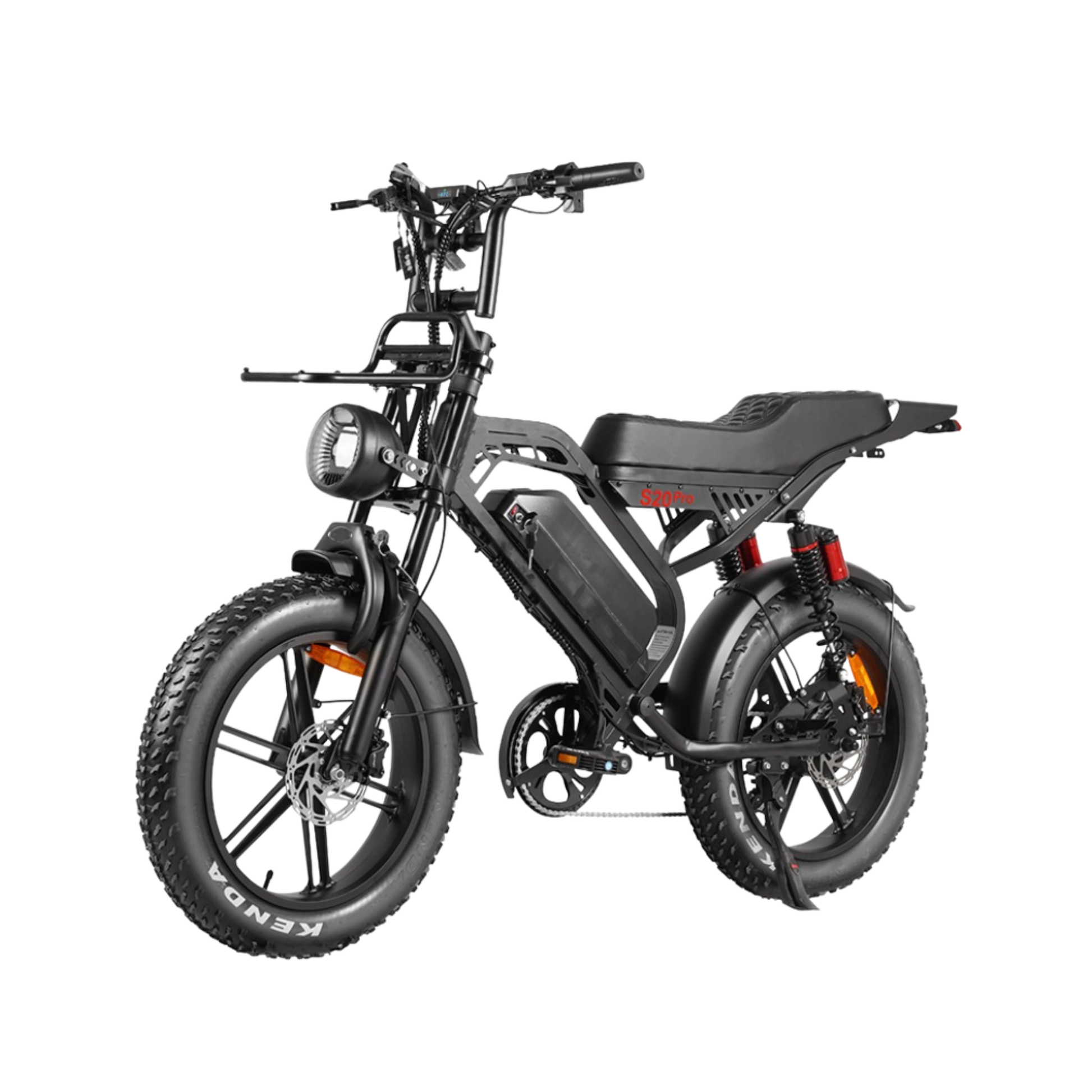 Stormex 20 Pro grey electric bike front angle with fat tires suspension LED headlight and NFC smart lock system.