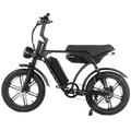 Side view of the E-Bike, showcasing its sleek design, 250W/500W motor, and dual battery system for up to 120 km range.