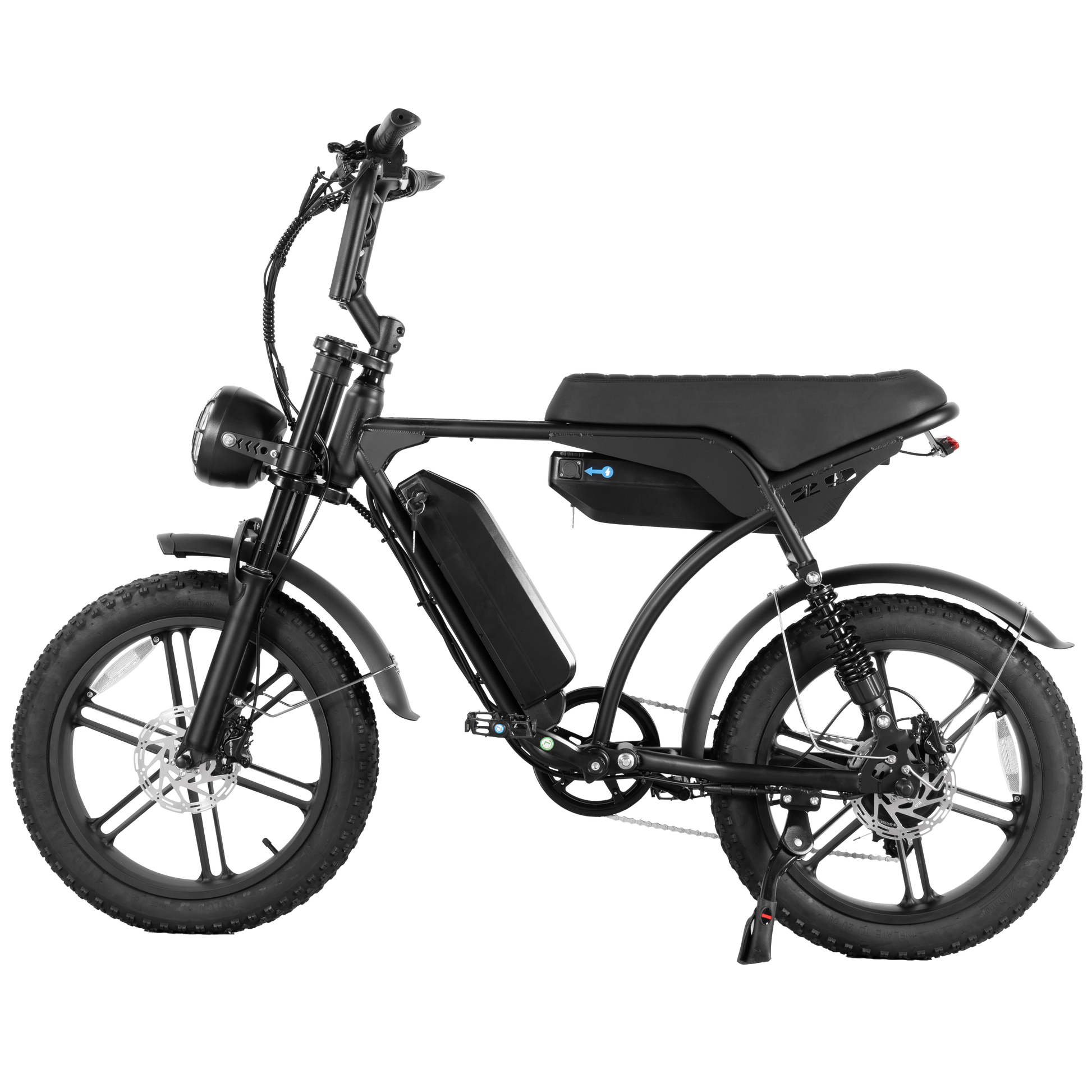 Side view of the E-Bike, showcasing its sleek design, 250W/500W motor, and dual battery system for up to 120 km range.