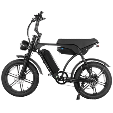 Side view of the E-Bike, showcasing its sleek design, 250W/500W motor, and dual battery system for up to 120 km range.