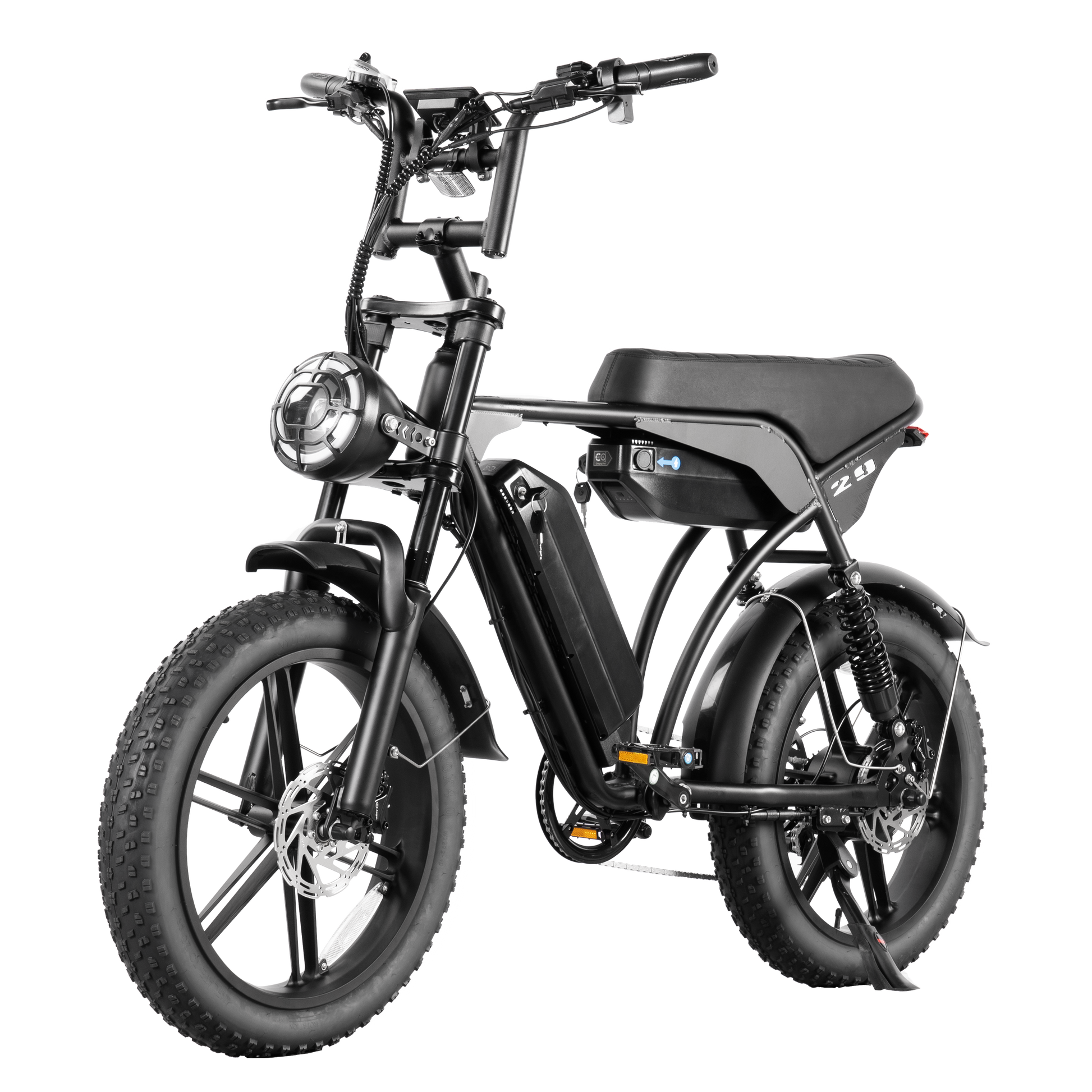 Detailed image of the E-Bike’s dual battery system, offering an extended range of 90-120 km, ensuring you won’t run out of power.
