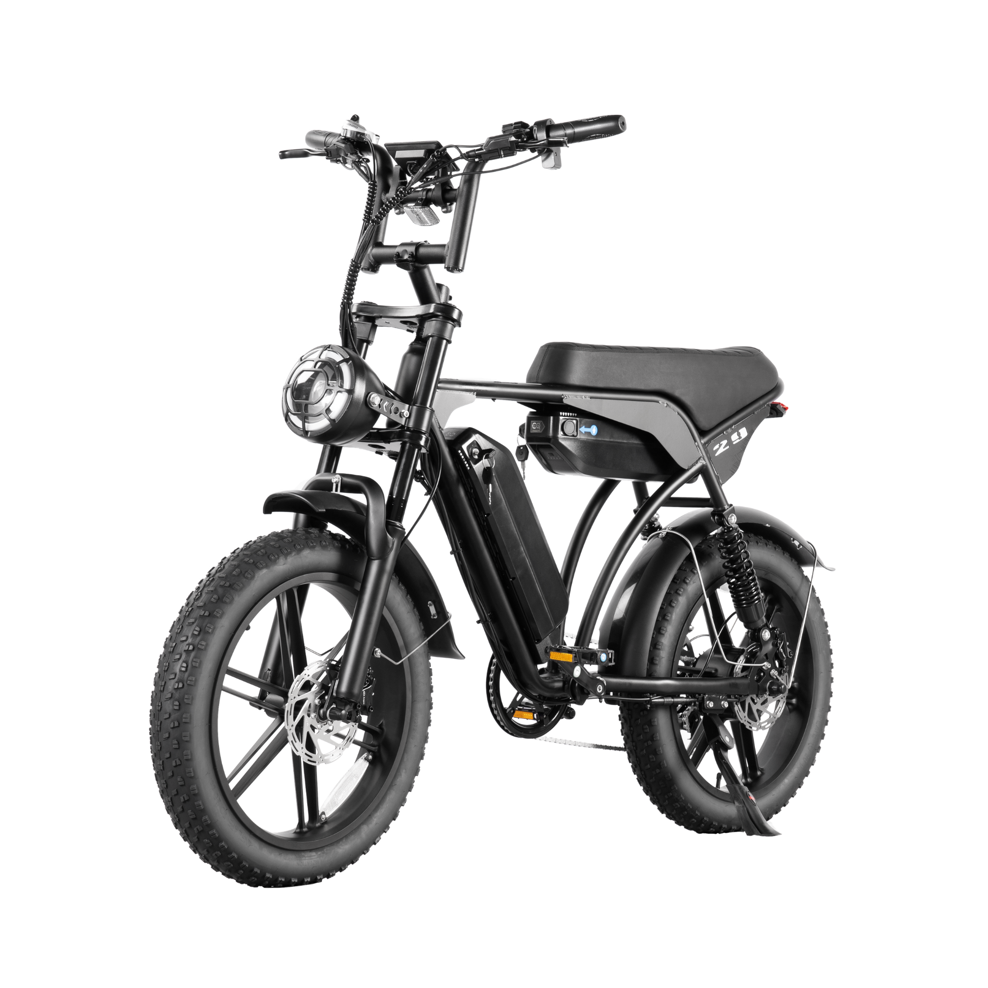 Detailed image of the E-Bike’s dual battery system, offering an extended range of 90-120 km, ensuring you won’t run out of power.